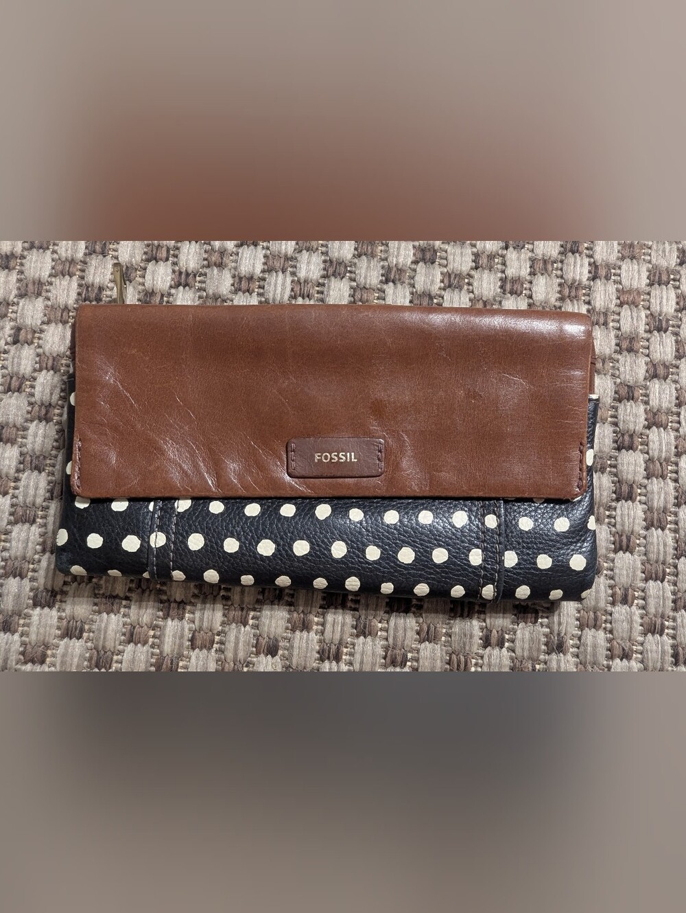 FOSSIL Sydney Brown & Black White Polka Dot Leather Wallet Trifold Clutch